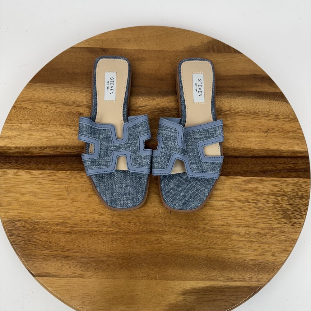 New Womens Steven New York Harlien Blue Denim Casual Slide Sandals Size 6.5 M